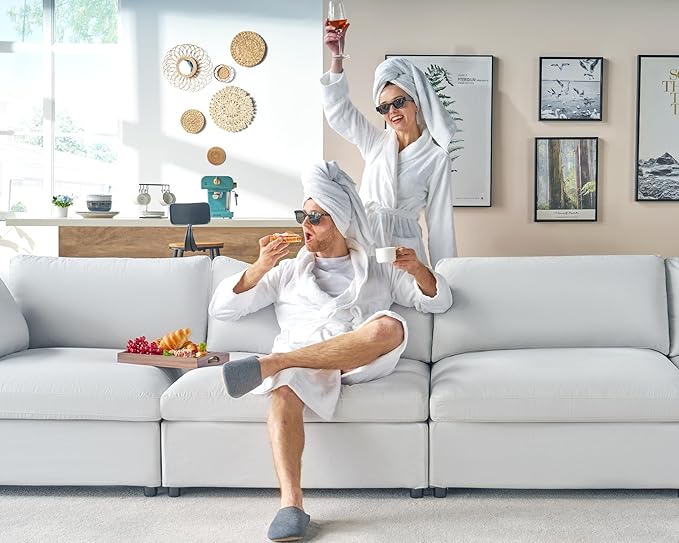 PaPaJet Modular Sectional Sofa 114 Inches Oversized Down Filled Sectional Sofa 4 Seats L Shaped Comfy Couch with Chaise Ottoman Could Sofa for Living Room White Linen Couch Set
