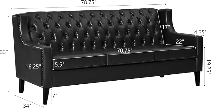 GDFStudio 78.75 3-Seater Sofa Button Tufted Backrest Big Comfy Couch with Plush Cushions Mid Century Modern Couches Home Living Room Sofa Upholstered Sofas &amp Couches for Apartment Bedroom Bla