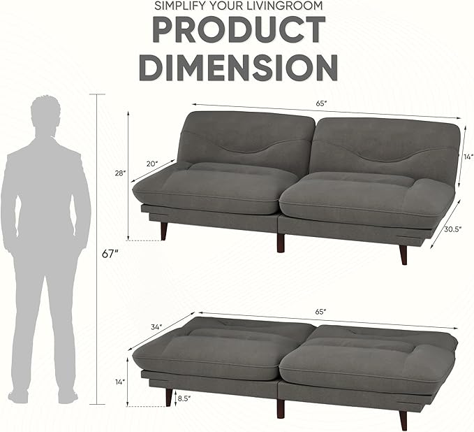 JUMMICO Convertible Futon Sofa Bed Sleeper Futon Couch with Adjustable Backrest and Armrests Modern Loveseat with Sturdy Wood Frame for Small Spaces Apartments (Fabric Dark Gray)