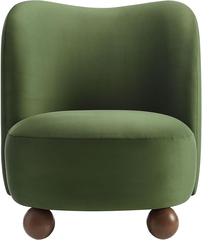 Modway Monroe Performance Velvet Accent Chair in Moss Green Walnut - Upholstered Stain-Resistant Barrel Chair - Comfy Lounge Chair - Oversized Round Armless Reading Chair for Living Room