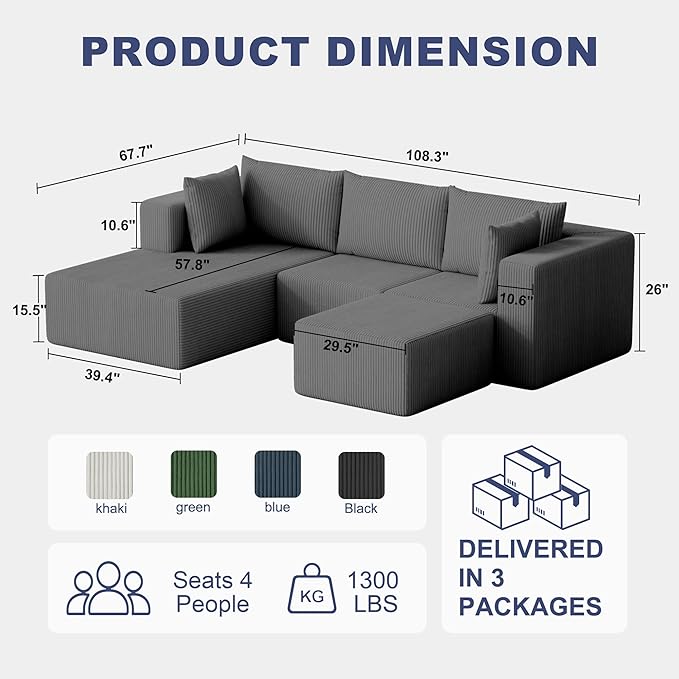 108 Boneless Couches for Living Room Modular Cloud Couch Sofa -4 Pieces U Shap Corduroy Sectional Sofa Fluffy Memory Foam Sleeper Sofa Furniture No Assembly Wide Armrest Grey
