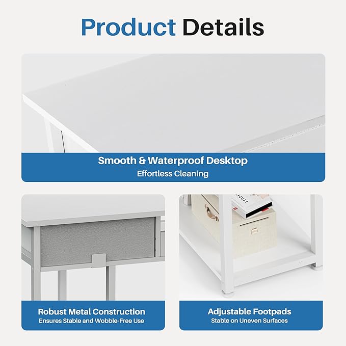 OLIXIS Desk with Storage Fabric Drawers-48 Inch Home Office Computer Desk for Small Space BedroomModern Study Work Gaming Writing Table PC DesksChic White