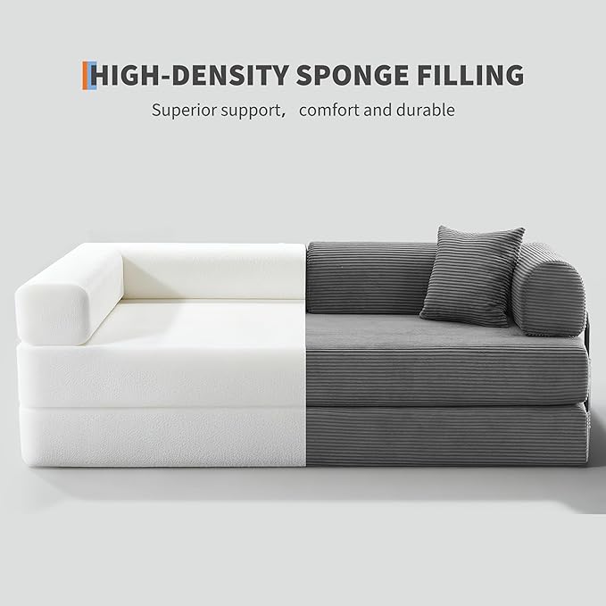 78'' Convertible Sleeper Sofa Bed4 in 1 Corduroy Boneless Couch with PillowsFolding Sectional Couch with Pull Out BedFloor Sofa Loveseat for Living RoomBedroomNo Assembly RequiredGray