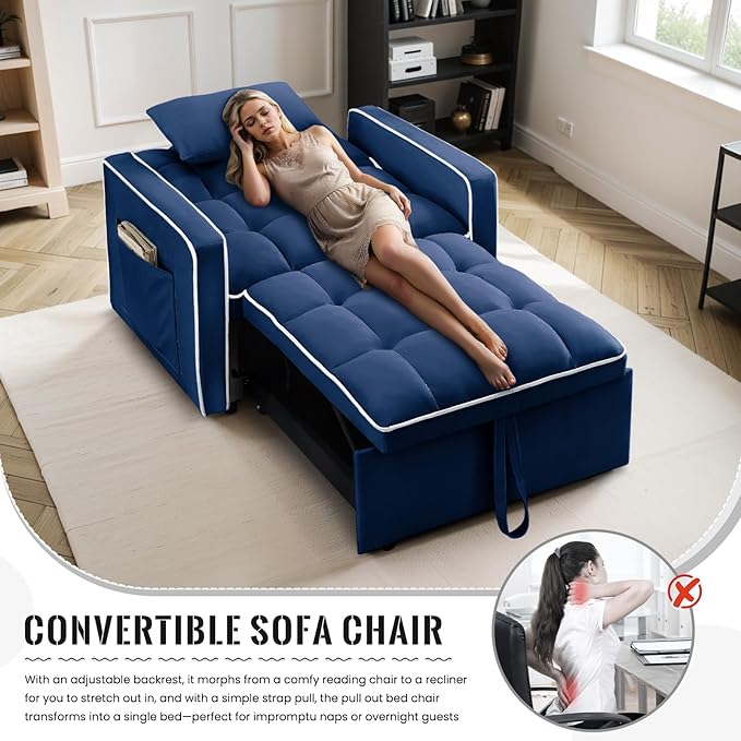 3 in 1 Velvet Sleeper Chair with Pull Out Bed Convertible Single Sofa Bed Futon Modern Tufted Chair with Adjustable Backrest Pullout Sleeper Sofa Chair for Bedroom Living Room Lounge (Blue)