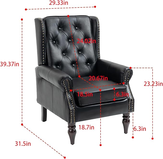 Homtique Faux Leather Accent Chair Modern Living Room Chairs Button Tufted Wingback Armchair with Wood Legs Upholstered Bedroom Chair with Rivet Decoration Leisure Reading Chair Black
