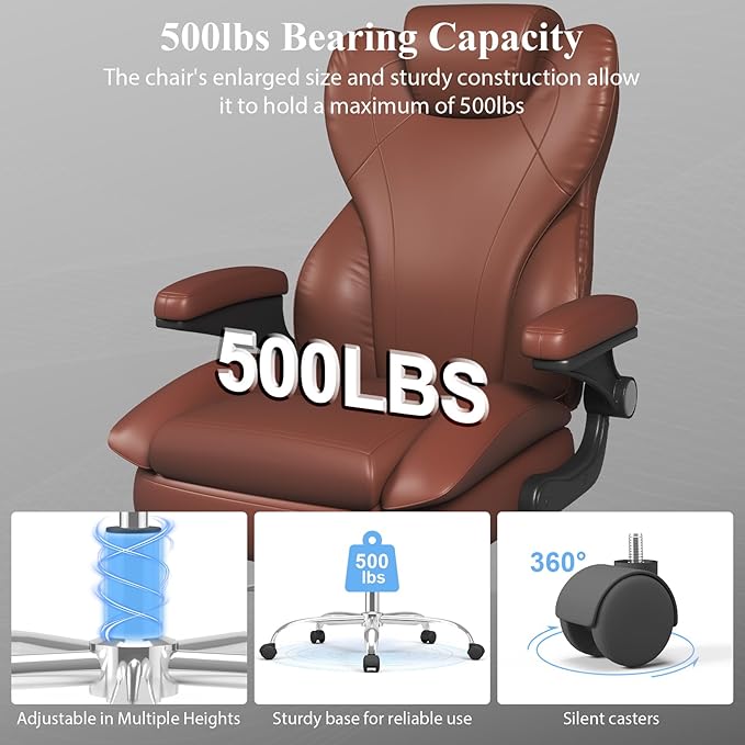 Office Desk Chair Executive Leather Office Chair High Back Ergonomic Home Desk Chair with Padded Flip-up Arms Big and Tall Computer Chair with Rocking Function 360°Swivel Free Light Brown