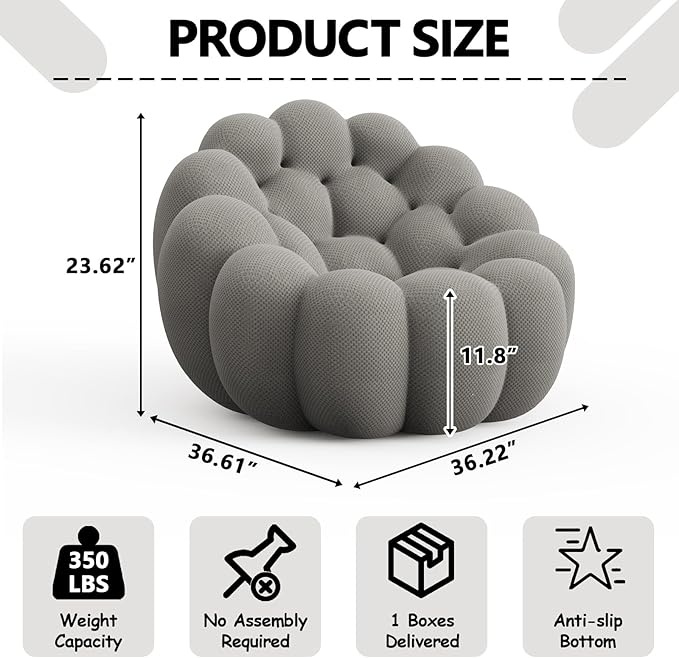 Bean Bag Grey Chair for Bedroom Small Comfy Chairs for Living Room Small Space Comfortable Corner Reading Chair for Adults/Teens No Assembly Required 350 LBS Capacity (Grey)