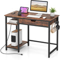 Giantex Computer Desk with Drawers and Power Outlets Industrial Gaming Desk Computer Workstation with Adjustable Storage Shelf Headphone Hooks Study Writing Work Desk for Home Office