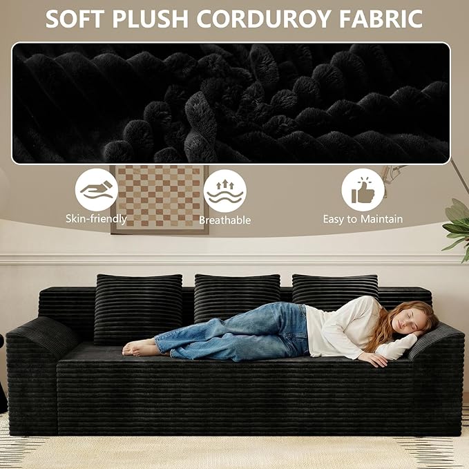 71 Love Seat Couches Corduroy Boneless Loveseat with Deep Seats 2 Seat Couch Apartment Size Couch with 3 Pillows&ampSide Pockets for Bedroom Office No Assembly Required Black