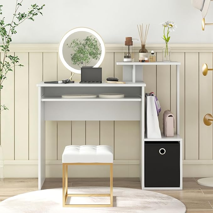 Tangkula Computer Desk with Fabric Drawer &amp Keyboard Tray Space-Saving Study Writing Desk with Open Storage Shelves &amp Printer Stand Modern Home Office Computer Workstation for Small Spaces (