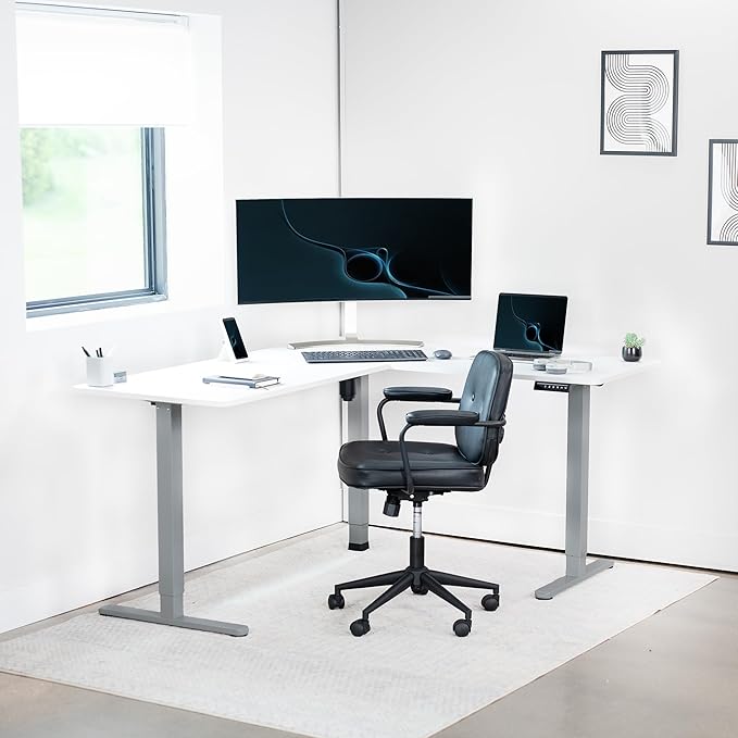 VIVO Corner Standing Desk 63 x 55 inch Reversible L-Shaped Workstation Electric Height Adjustment Home Office and Reception Rooms White Table Top Gray Frame DESK-E3CTGW