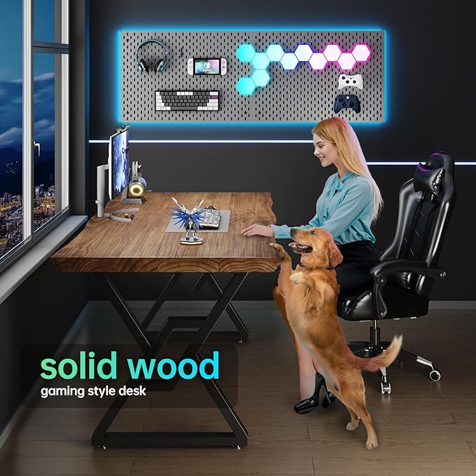 Solid Wood Rustic Style 55.1-inch Computer Desk - Large Office Desk for Home Office Modern and Simple Design Ideal for DiningStudy Writing (Black-w 55.12 * 27.56 * 29.53)