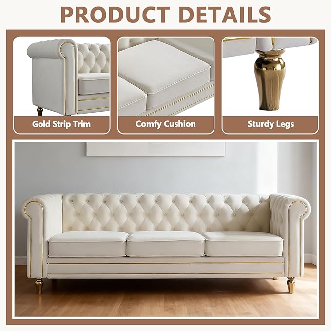84 Velvet Sofa with Gold Legs Luxury Tufted Couch for Living Room Chesterfield Sofa with Thick Cushion Wide Armrest High-Density Foam Gold Strip Trim (Beige)