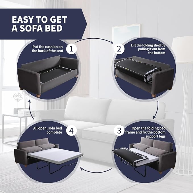 77 Queen Size Pull Out Sofa Bed 2 in 1 Sleeper Sofa Couch Bed Velvet Modern Convertible Guest Sofa Couch Beds Queen Mattress Cushions Pillow Include for Home Apartment Office Dark Grey