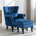 Mid Century Modern Accent Chair Upholstered Armchair Comfy Velvet Tufted Wingback Single Sofa with Ottoman for Bedroom Living Room Blue