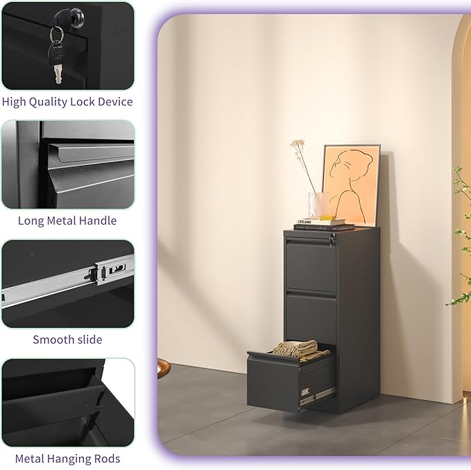 3 Drawer Small Metal Vertical File Cabinet with LockUnder Desk Storage Organizer Filing Cabinets for Home Office Locking DrawersA4 Legal/Letter SizeBlack