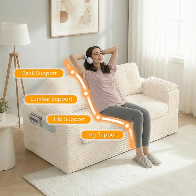 Boneless Loveseat 2 Seater Deep Seat Loveseat Sofa with Wide‑Wale Corduroy for Small Spaces &amp Living Room 60” Width No Assembly Washable Cover Beige