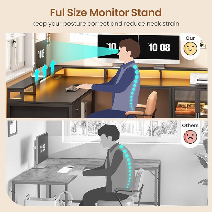 SEDETA L Shaped Gaming Desk with 4 Drawers 109” Computer Desk with Display Cabinet Home Office Desks with 2 Monitor Stands CPU Stand LED Lights and Power Outlet Black