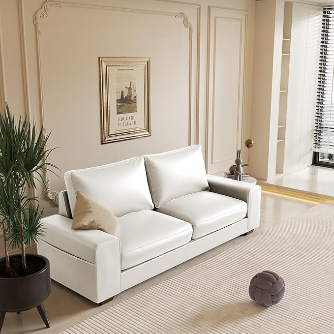 Faux Leather Couch Mid Century Modern Comfy Loveseat Sofa with Wide Arm Side Pockets Solid Wooden Frame for Office Living Room and Bedroom 3 Seater (White 88.58 inches)