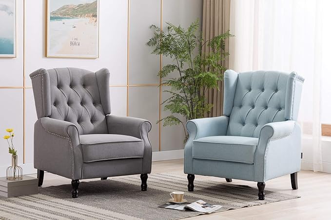 Artechworks Winged Fabric Modern Accent Chair Tufted Arm Club Chair Linen Single Sofa with Wooden Legs Comfy Upholstered for Reading Living Room Bedroom OfficeLight Blue