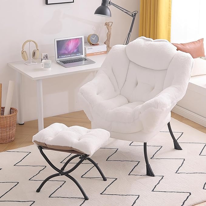 Tiita Lazy Chair with Ottoman White Modern Large Accent Chair Comfy Leisure Sofa Armchair with Ottoman Reading Chair with Footrest for Bedroom Living Room Dorm Rooms Plush White