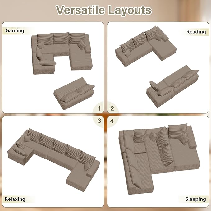 Sectional Cloud Couch with L-Shape Chaise Modern Modular Comfy Sofa with Deep Seat Upholstered Corduroy Couches Stupendous U Shaped Sofas for Living Room Bedroom No Assembly Required Camel