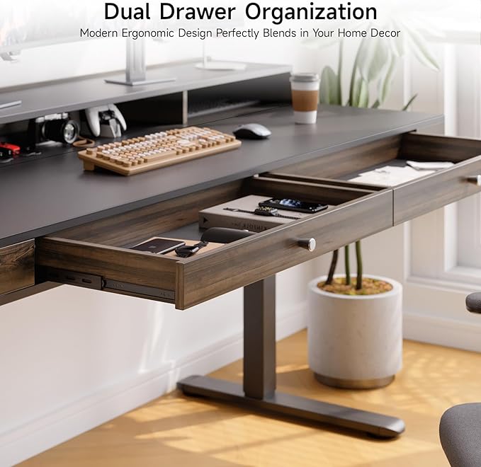 ONBRILL Modern Standing Desk with Storage 63x23.6 Inch Electric Adjustable Height Desk with 2 Drawers 3 Open Storage Zones Black