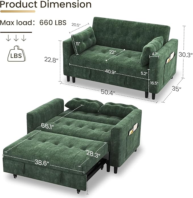 KKL 3 in 1 Convertible Sleeper Sofa Bed Pull Out Couch Bed with Adjustable Backrest Chenille Loveseat Pullout Couches with Side Pocket for Living Room Bedroom (Green)