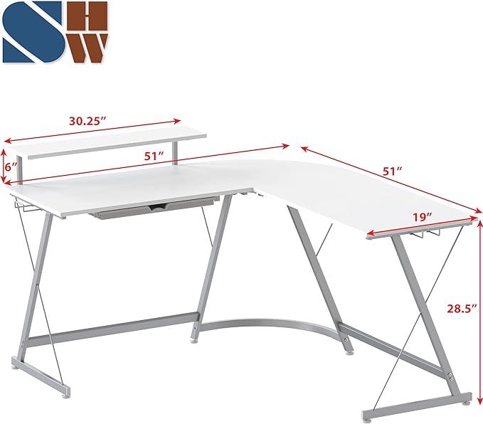 SHW 51 x 51 Inches Vista L-Shaped Desk with Monitor Stand and Drawer White
