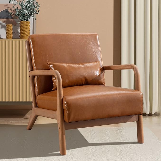 INZOY Mid-Century Modern Accent Chair Set of 2 PU Leather Reading Armchair with Waist Cushion Upholstered Living Room Chairs for Bedroom Sunroom Camel Set