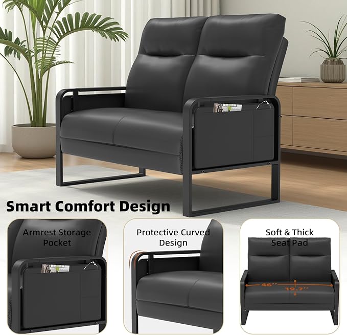 Small Loveseat Sofa with Side Table &amp Metal Legs Upholstered Faux Leather Loveseat for Small Spaces Couch for Living Room Reading Office Bedroom (Black)