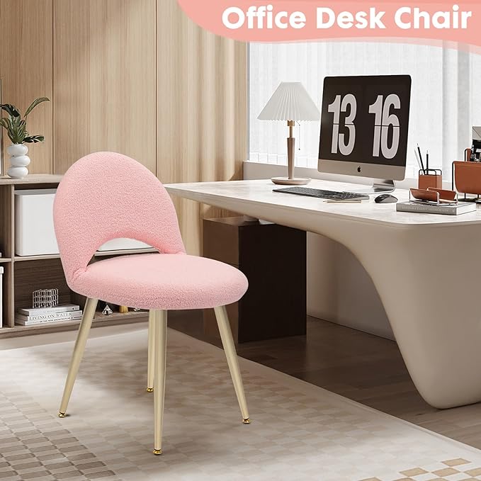 Vanity Chair with Adjustable Backrest Boucle Upholstery Armless Makeup Stool Gray Sherpa Vanity Stool with Gold Metal Legs for Bedroom Living Room Kitchen Dinning Room (Pink)