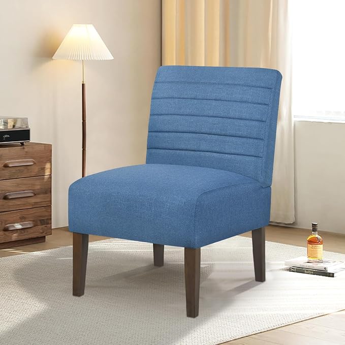 Slipper Accent Chair Modern Armless Lounge Chair with Wood Legs Upholstered Makeup Vanity Tufted Side Chair Fabric Comfy with Decor Back for Living Room Bedroom Patio (Horizontal Back Blue)