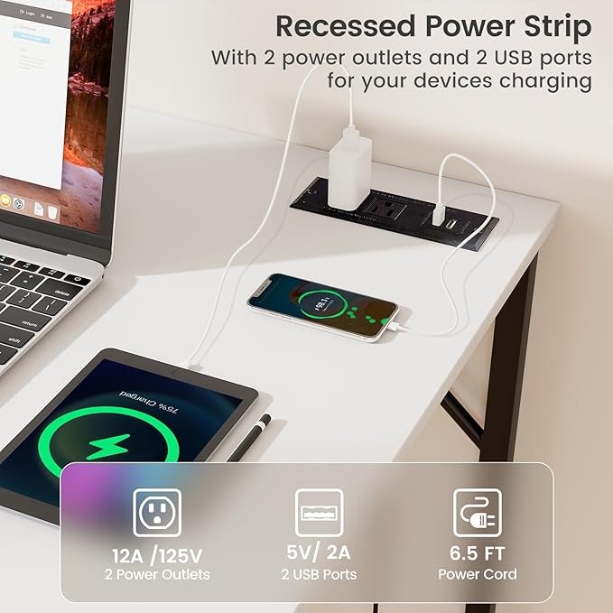 COSTWAY Home Office Desk 32 Inch Computer Desk with Recessed Power Strip Storage Bag &amp Headphone Hook Wide Desktop Modern Computer Workstation Writing Table for Home Office (White + Black)