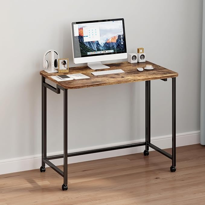 JSB Small Folding Computer Desk with Storage Bag and Hook Writing Modern Industrial Work Table Laptop for Home Office White (Rustic &amp Brown 31.5)