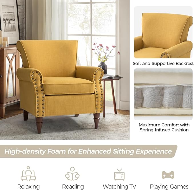 HULALA HOME Accent Chair with Wood Legs &amp Removable Cushion Modern Wingback Armchair with Nailhead Trim Comfy Upholstered Lounge Chair Single Sofa Chairs for Living Room Bedroom Mustard