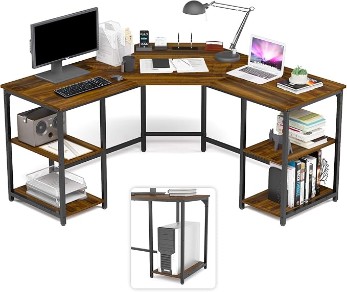 Elephance Large L-Shaped Computer Desk with Shelves Corner Desk Home Office Writing Workstation Gaming Desk PC Latop Table with Storage