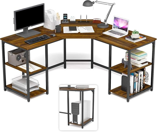 Elephance Large L-Shaped Computer Desk with Shelves Corner Desk Home Office Writing Workstation Gaming Desk PC Latop Table with Storage