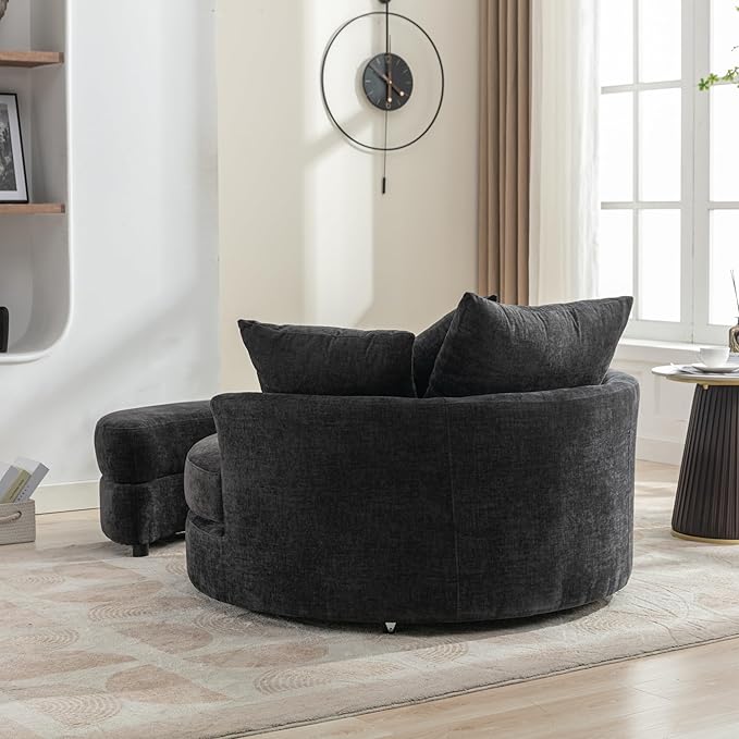 ERYE Oversized Round Accent Barrel Chair with Storage Ottoman and 360 Swivel Base Modern Chenille Upholstered Leisure Recliner Armchair for Living Room Bedroom