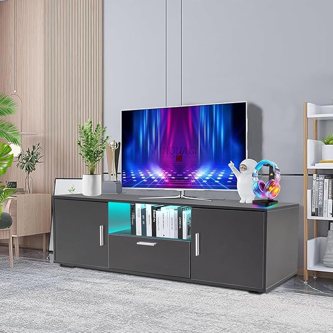 51 Inch Modern TV Stand with RGB LED Lights - Black Entertainment Center Storage Cabinet for 32-55 Inch TVs Living Room Media Console