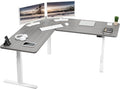 VIVO Electric Height Adjustable 67 x 60 inch Corner Stand Up Desk 2 Dark Gray Solid Table Tops White Frame Memory Controller L-Shaped Workstation 3E Series DESK-KIT-3E6WG