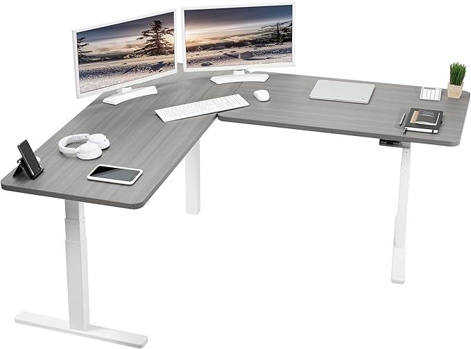 VIVO Electric Height Adjustable 67 x 60 inch Corner Stand Up Desk 2 Dark Gray Solid Table Tops White Frame Memory Controller L-Shaped Workstation 3E Series DESK-KIT-3E6WG