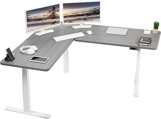 VIVO Electric Height Adjustable 67 x 60 inch Corner Stand Up Desk 2 Dark Gray Solid Table Tops White Frame Memory Controller L-Shaped Workstation 3E Series DESK-KIT-3E6WG