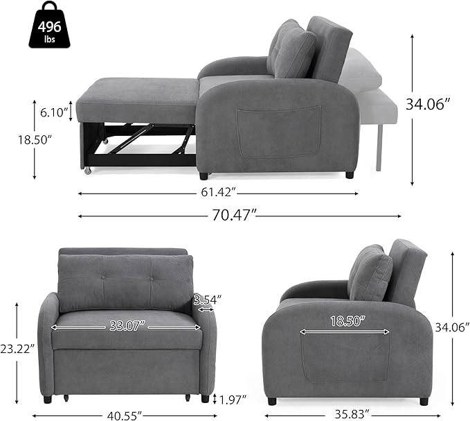 3-in-1 Convertible Sleeper Sofa Bed with Pillow &amp Pocket Loveseat Sleeper Chair in Soft Cotton Linen for Living Room Bedroom Study Apartment Grey