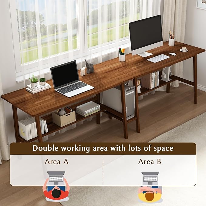 2-Person Writing Desk with Bookshelf - 79 Wooden Extra Long Home Office Work Table Double Study Computer Workstation with Storage Shelves in Walnut 79 W x 24 D
