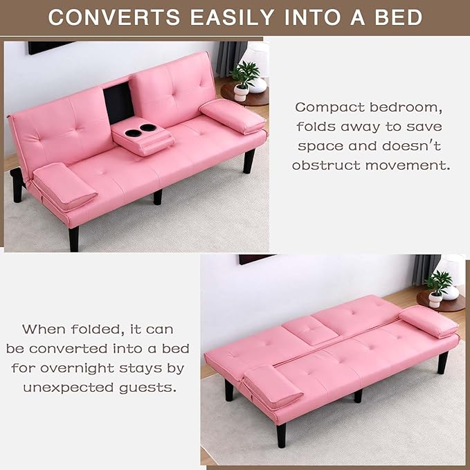 67 Futon Sofa BedConvertible Sofa Bed with 2 Cup HoldersSleeper Couch PVC Leather Removable Soft Armrest Small Couch for Living Room Apartments ﻿ (Pink)