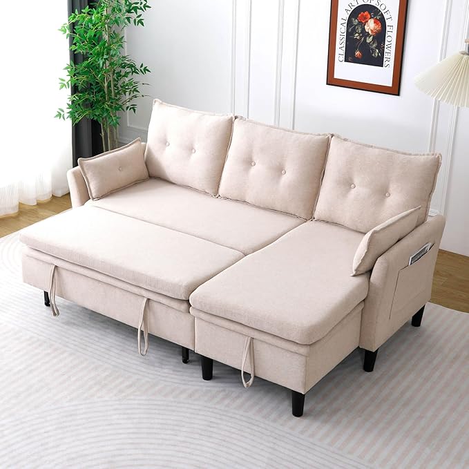 78 L-Shaped Sleeper Sofa Bed Couch 3-Seater Reversible Pull Out Couch Bed with Storage Chaise Lounge Cotton-Linen Pullout Sofabed Sectional Couches for Living Room Apartment Beige