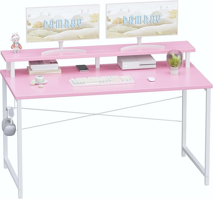 Pamray 47 Inch Small Computer Desk with Monitor Stand Simple Office Desk with Headphone Hook for Small Spaces Kids Study Writing Table for Bedroom Pink