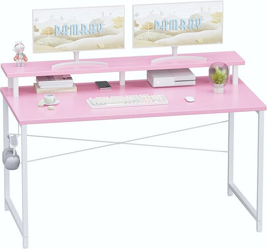 Pamray 47 Inch Small Computer Desk with Monitor Stand Simple Office Desk with Headphone Hook for Small Spaces Kids Study Writing Table for Bedroom Pink