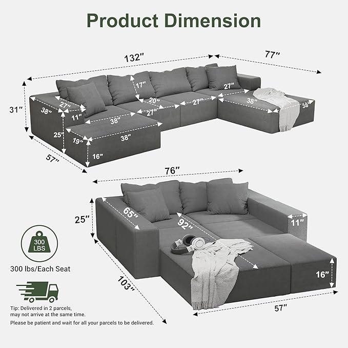 132 Modular Sectional Sofa Cloud Couch Sectional Modern Chenille Upholstered L-Shaped Sofa Set with 6 Pillows Deep Seat Comfy Couch for Living Room Free Combination No Assembly Required (Grey)